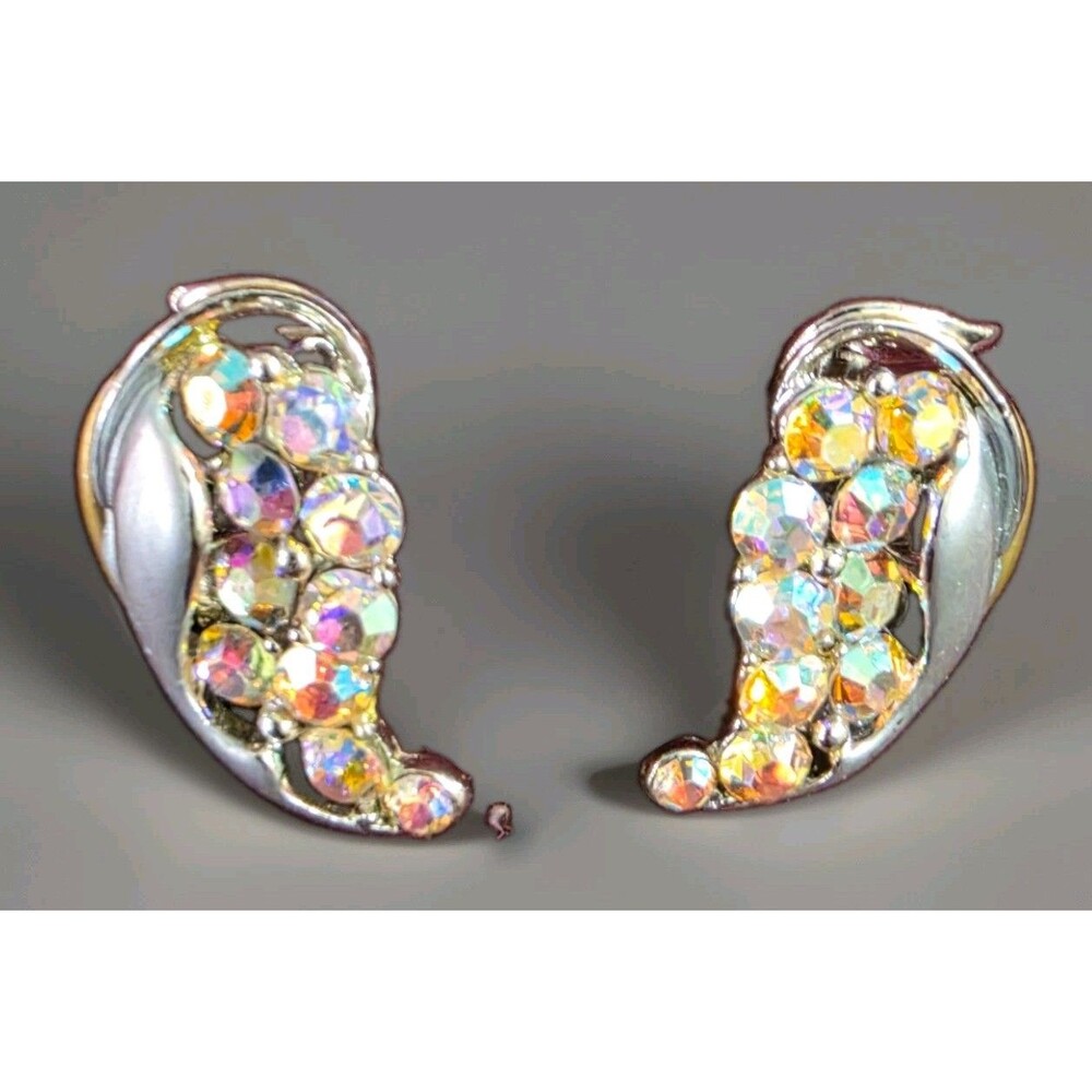 Vintage Signed BSK Aurora Borealis Rhinestone Clip On Earrings Silver Tone MCM